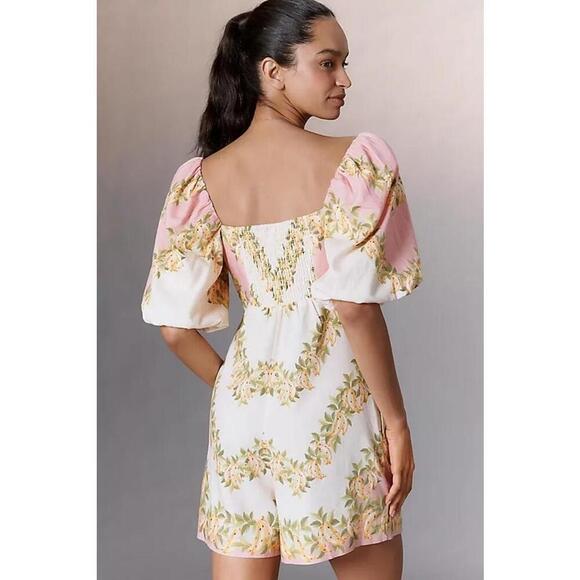 Farm Rio V-Neck Puff-Sleeves Linen Blend Romper Size M Banana Yellow Ivory - Picture 4 of 4